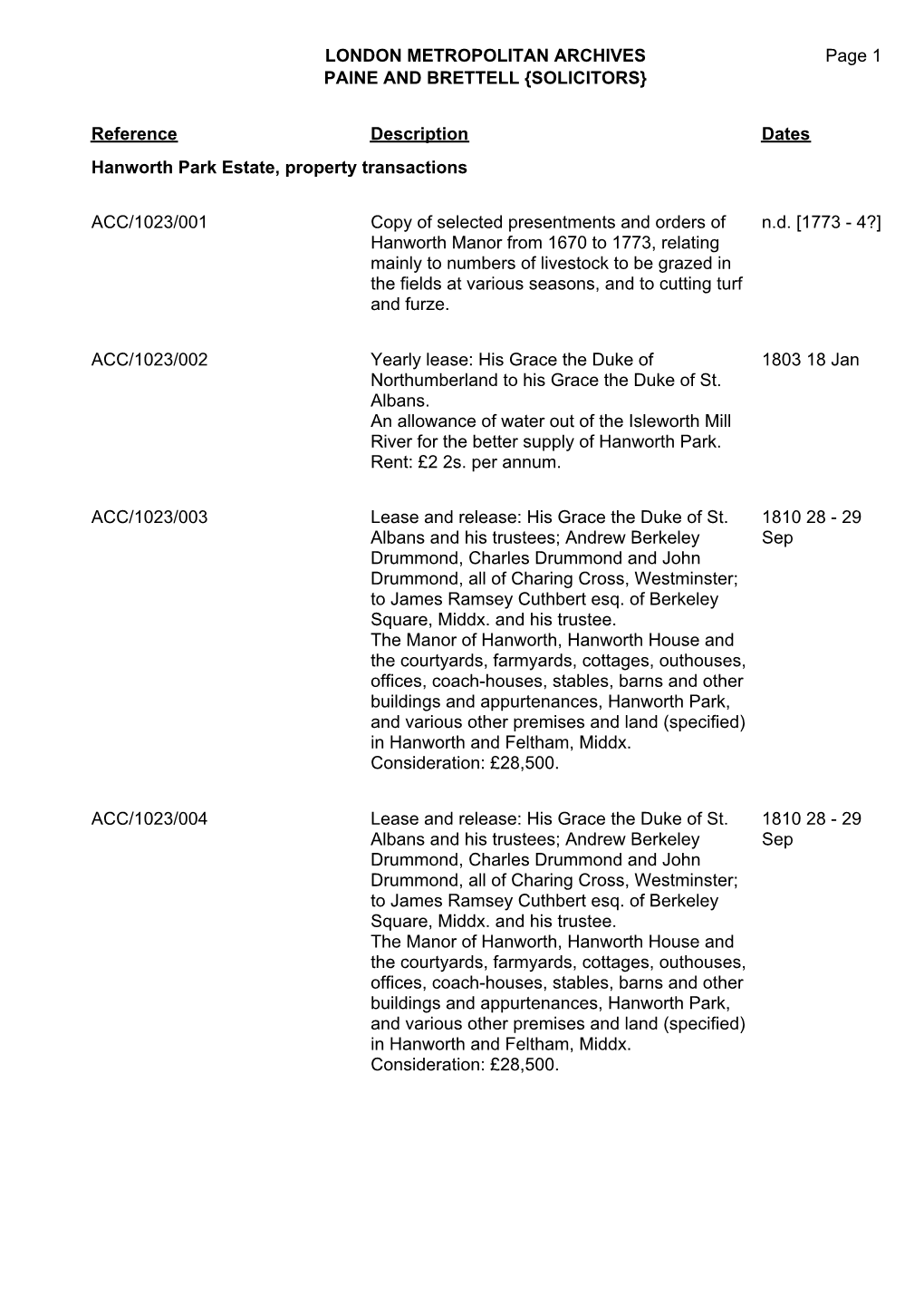 ACC/1023 Page 1 Reference Description Dates Hanworth Park