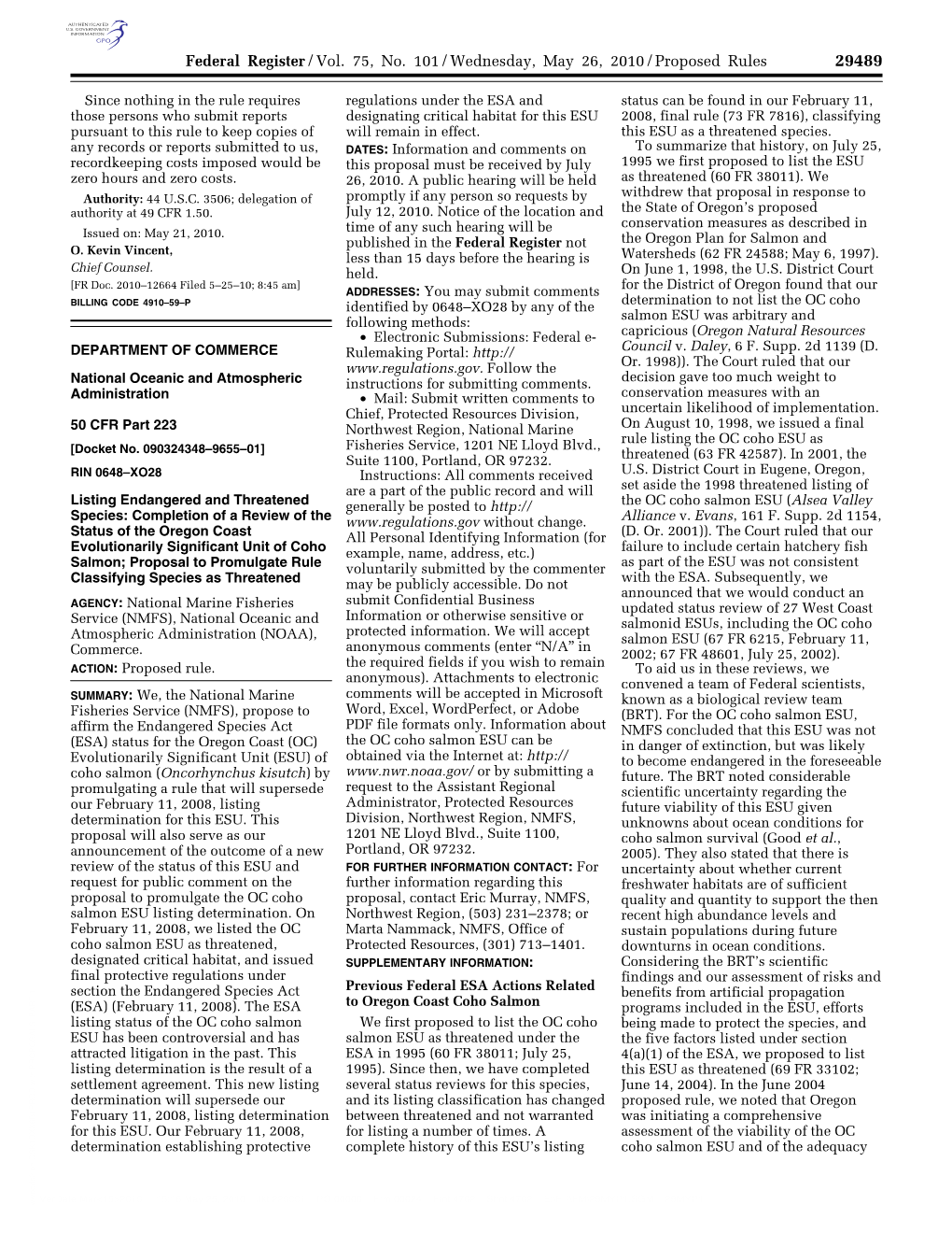 Federal Register/Vol. 75, No. 101/Wednesday, May 26, 2010