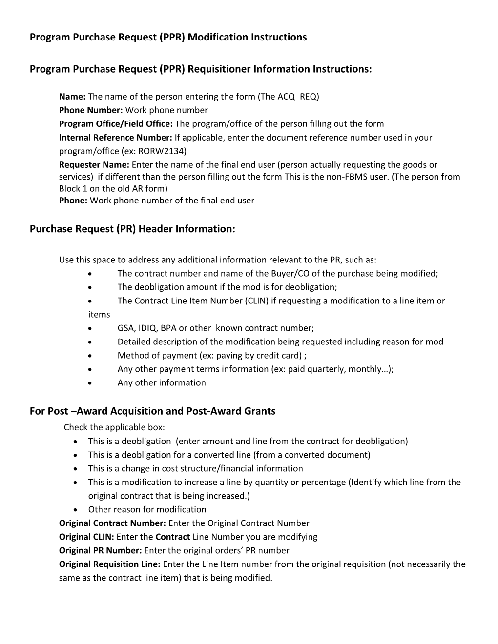 Program Purchase Request (PPR) Modification Instructions