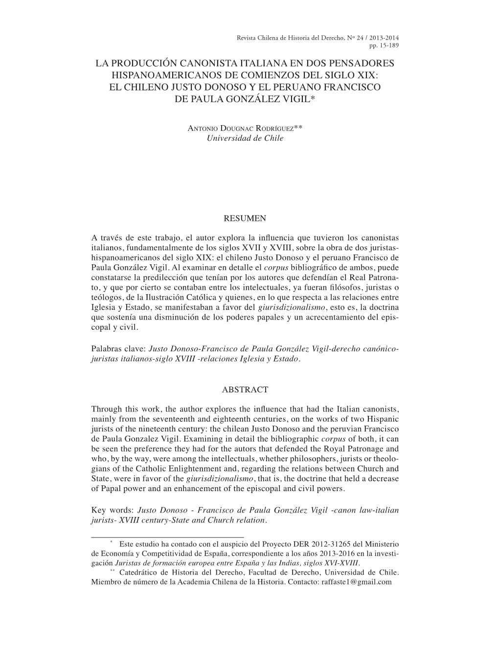 El Chileno Justo Donoso Y El Peruano Francisco De Paula González Vigil*