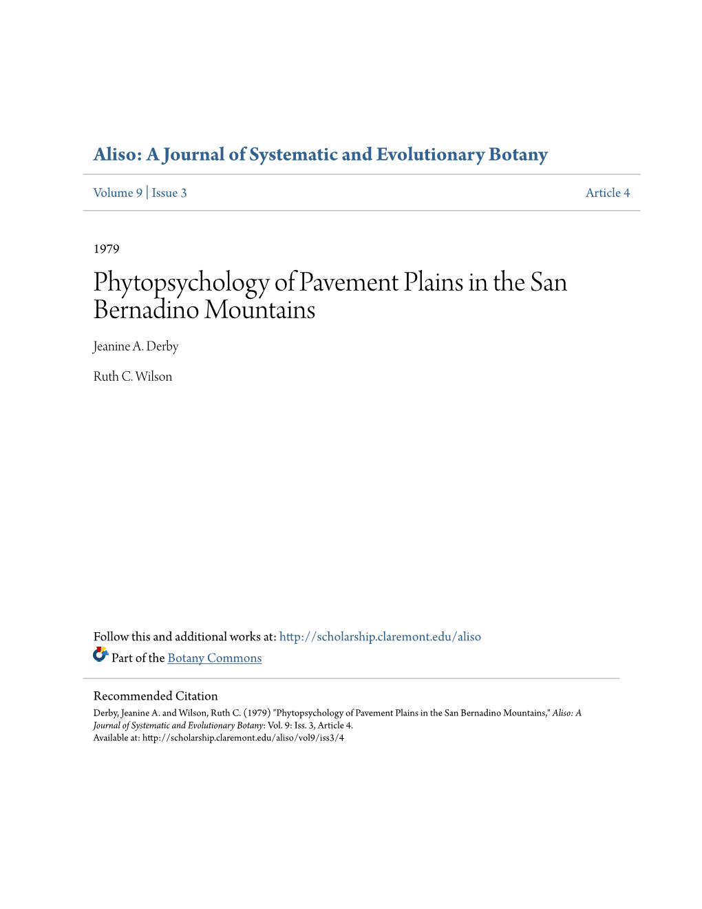 Phytopsychology of Pavement Plains in the San Bernadino Mountains Jeanine A