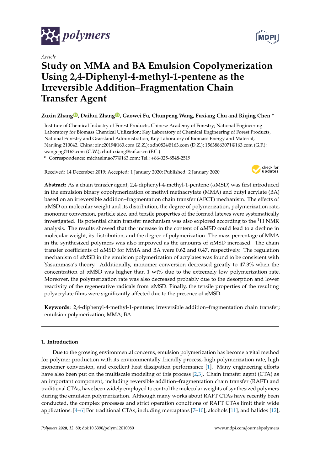 Study on MMA and BA Emulsion Copolymerization Using 2,4-Diphenyl-4-Methyl-1-Pentene As the Irreversible Addition–Fragmentation Chain Transfer Agent