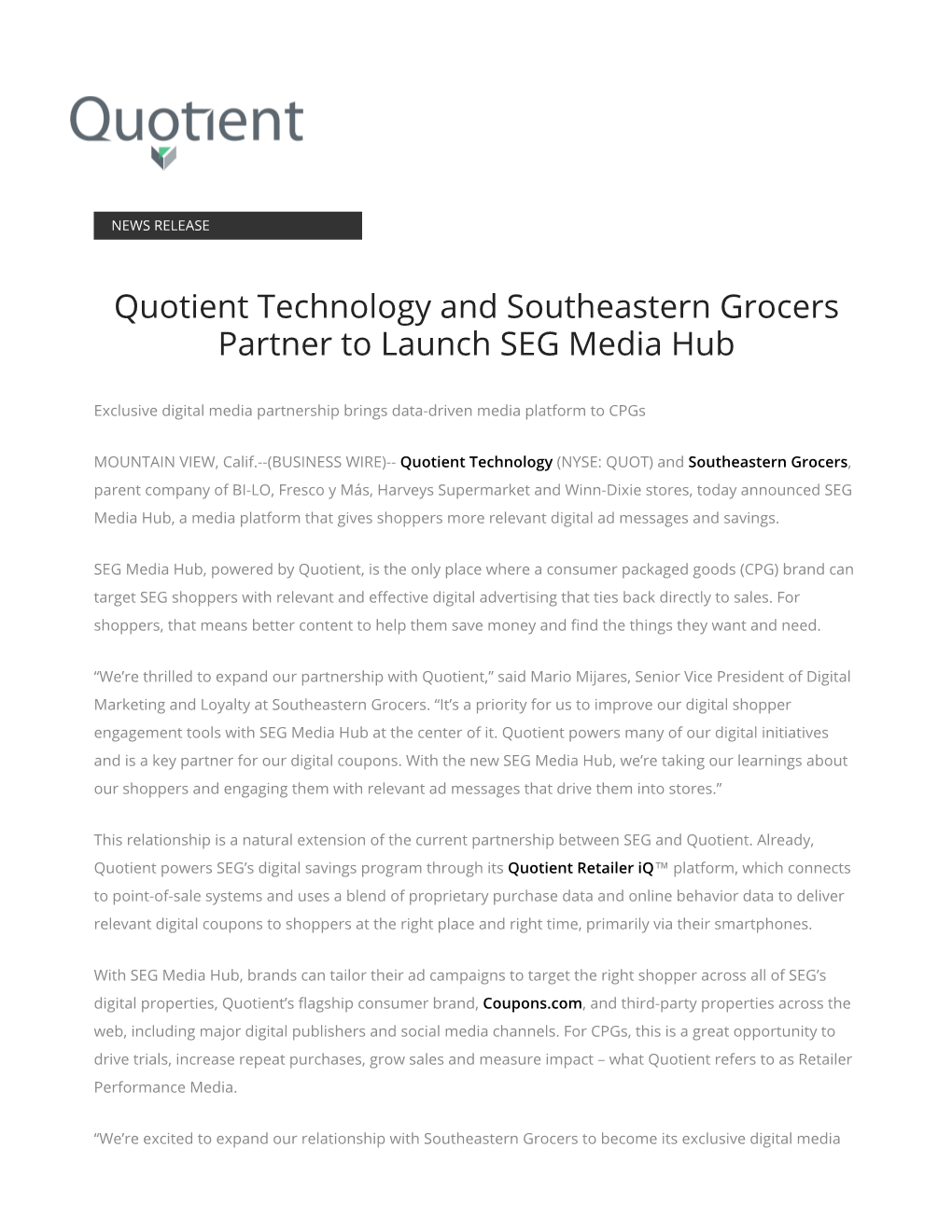 Quotient Technology and Southeastern Grocers Partner to Launch SEG Media Hub