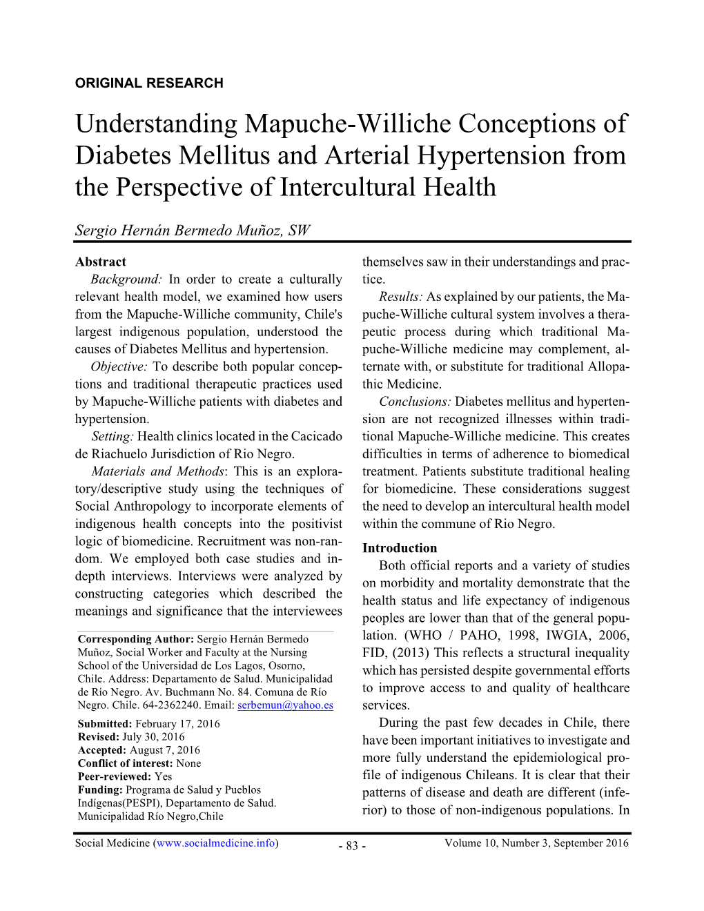 Understanding Mapuche-Williche Conceptions of Diabetes Mellitus and Arterial Hypertension from the Perspective of Intercultural Health
