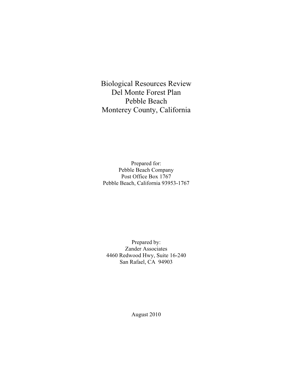 Biological Resources Review Del Monte Forest Plan Pebble Beach Monterey County, California