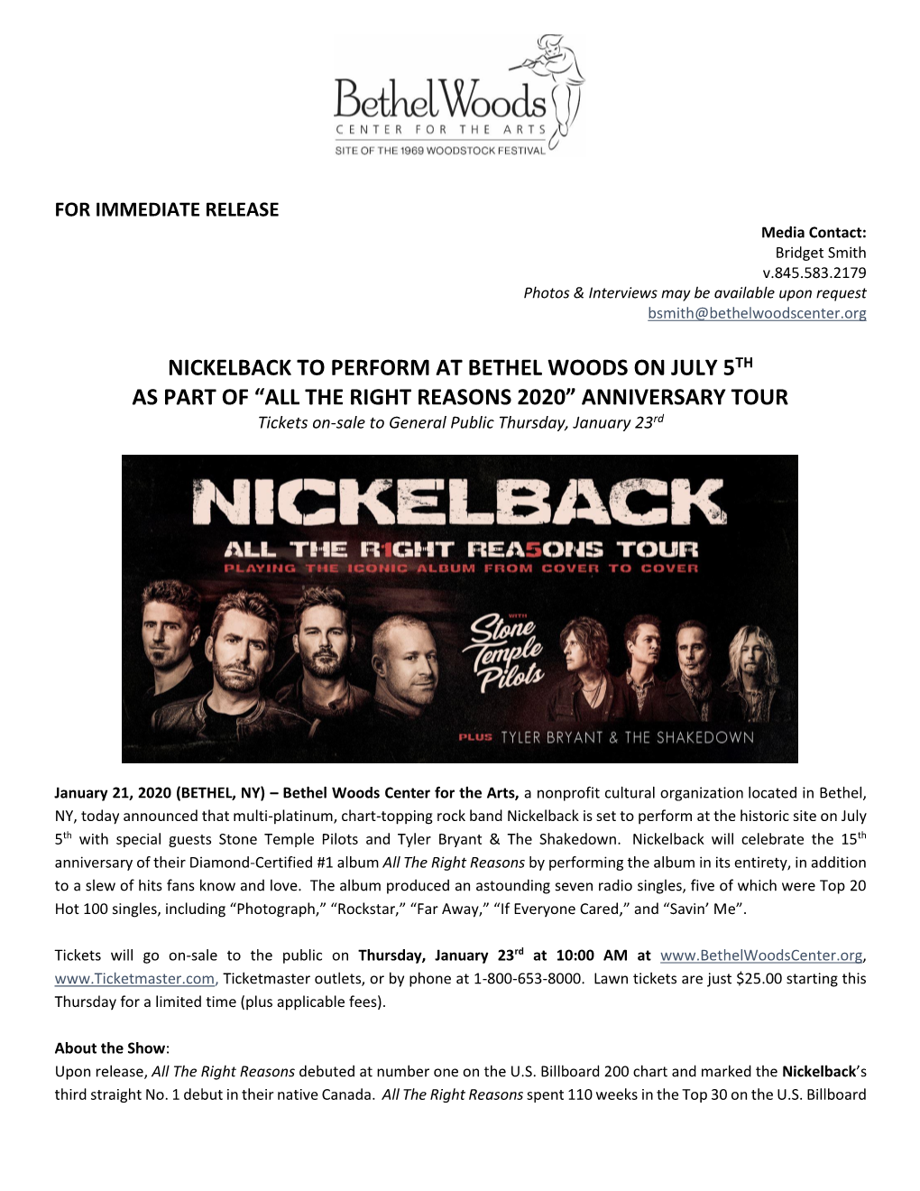 NICKELBACK to PERFORM at BETHEL WOODS on JULY 5TH AS PART of “ALL the RIGHT REASONS 2020” ANNIVERSARY TOUR Tickets On-Sale to General Public Thursday, January 23Rd