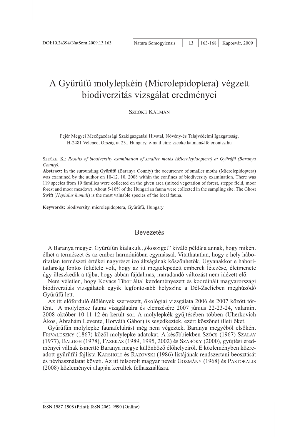 A Gyűrűfű Molylepkéin (Microlepidoptera) Végzett Biodiverzitás Vizsgálat Eredményei