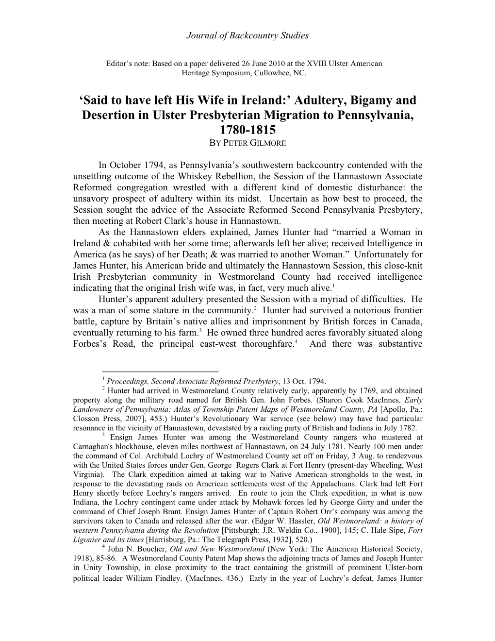 Adultery, Bigamy and Desertion in Ulster Presbyterian Migration to Pennsylvania, 1780-1815 by PETER GILMORE