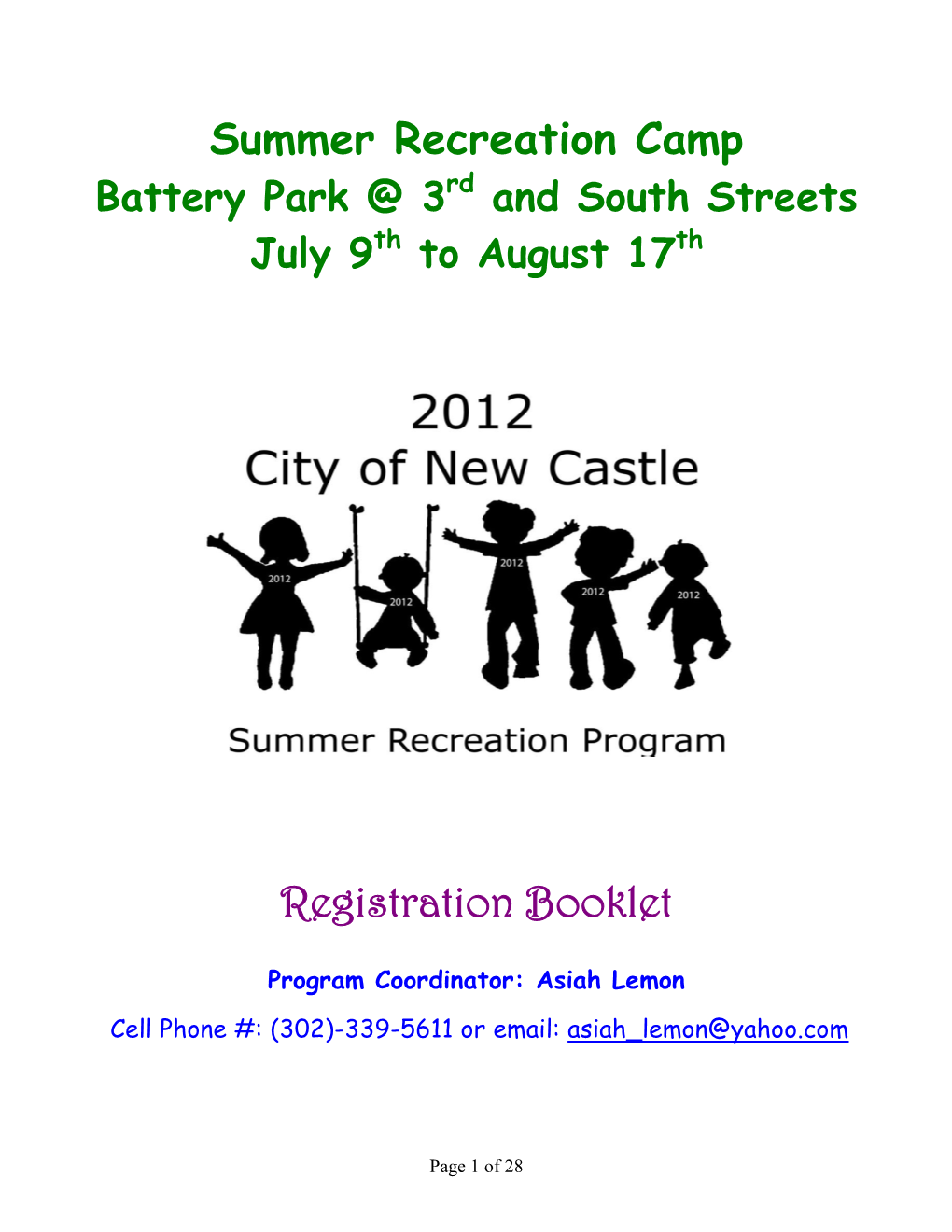 Summer Recreation Camp Registration Booklet