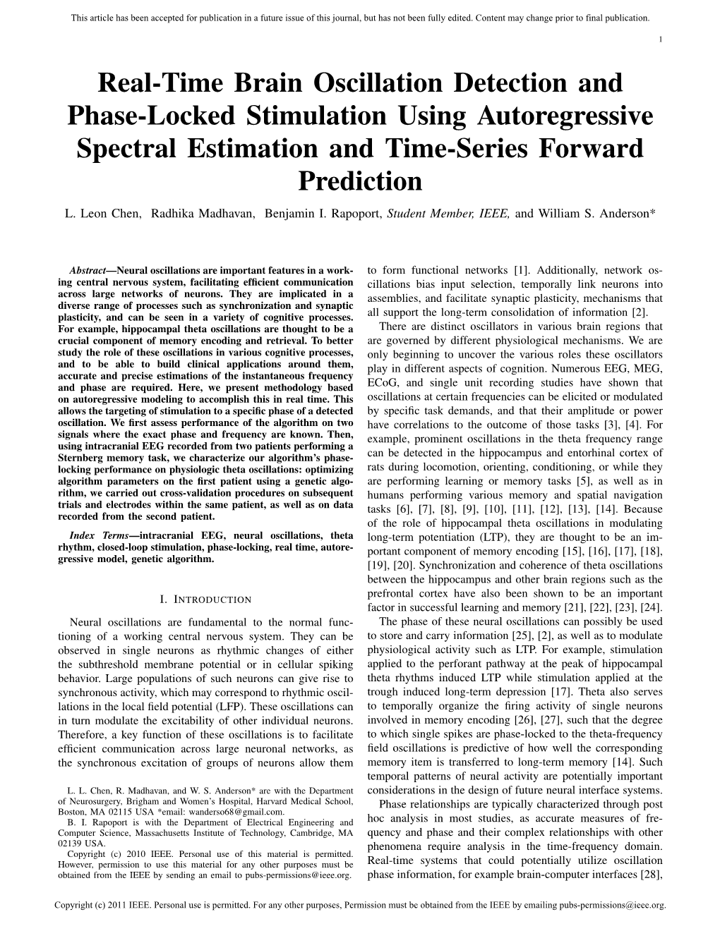 Real-Time Brain Oscillation Detection and Phase-Locked Stimulation Using Autoregressive Spectral Estimation and Time-Series Forward Prediction L