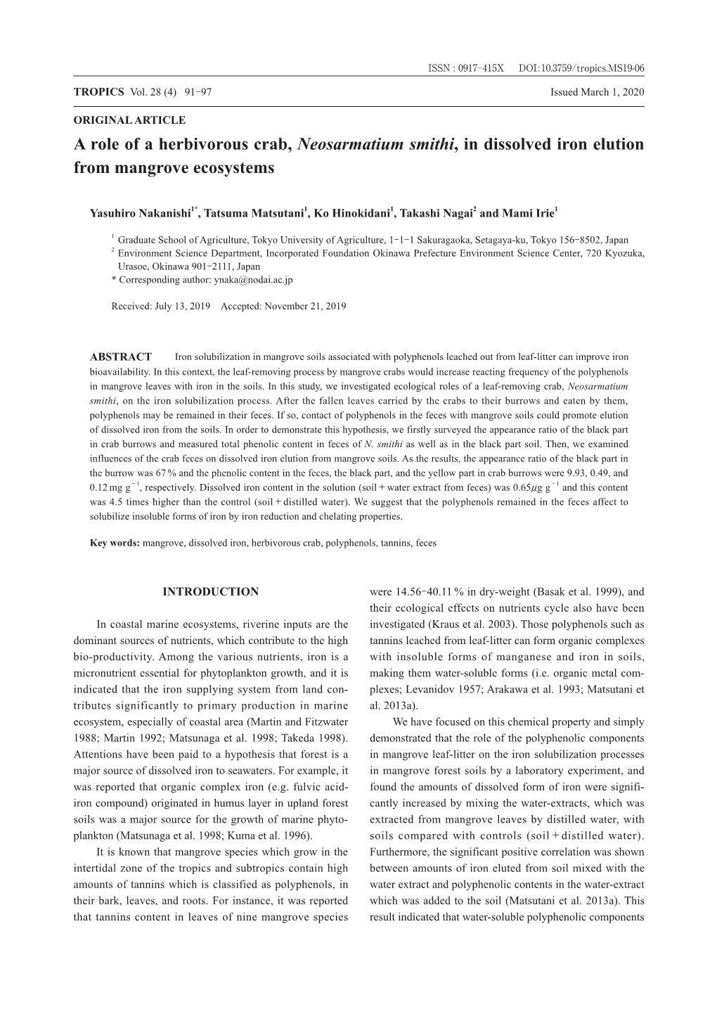 A Role of a Herbivorous Crab, Neosarmatium Smithi, in Dissolved Iron Elution from Mangrove Ecosystems