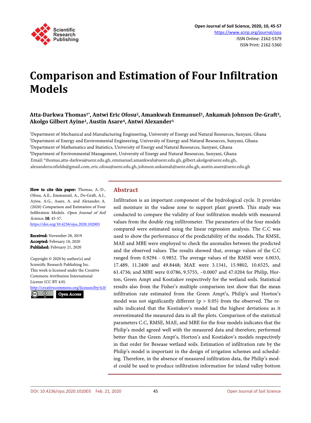 Comparison and Estimation of Four Infiltration Models