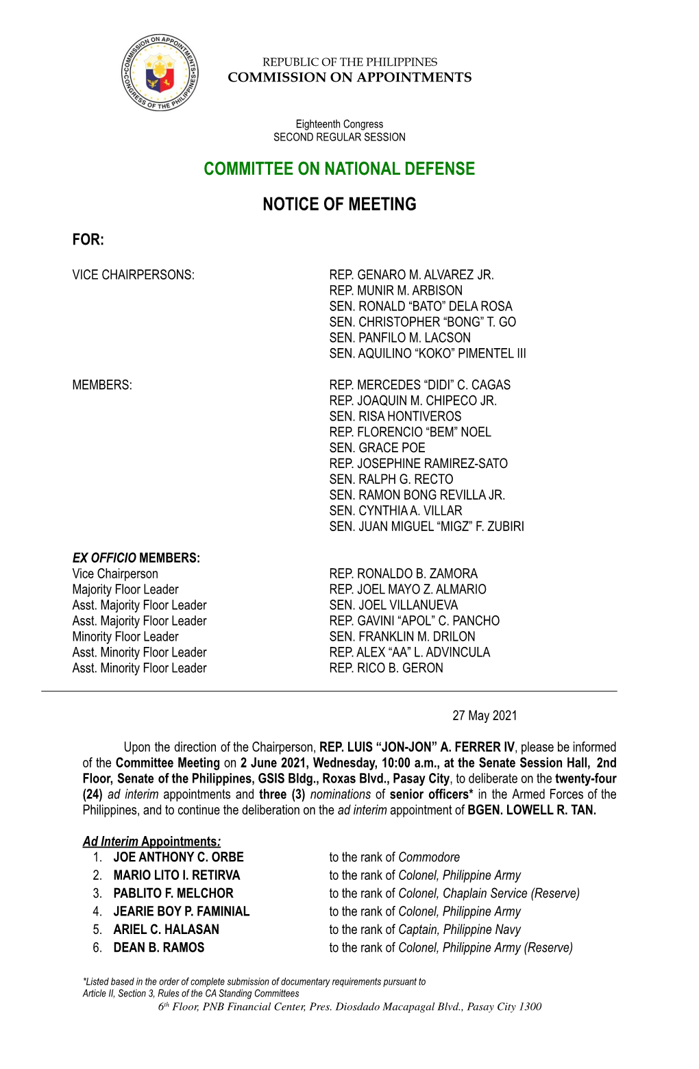 Committee on National Defense Notice of Meeting