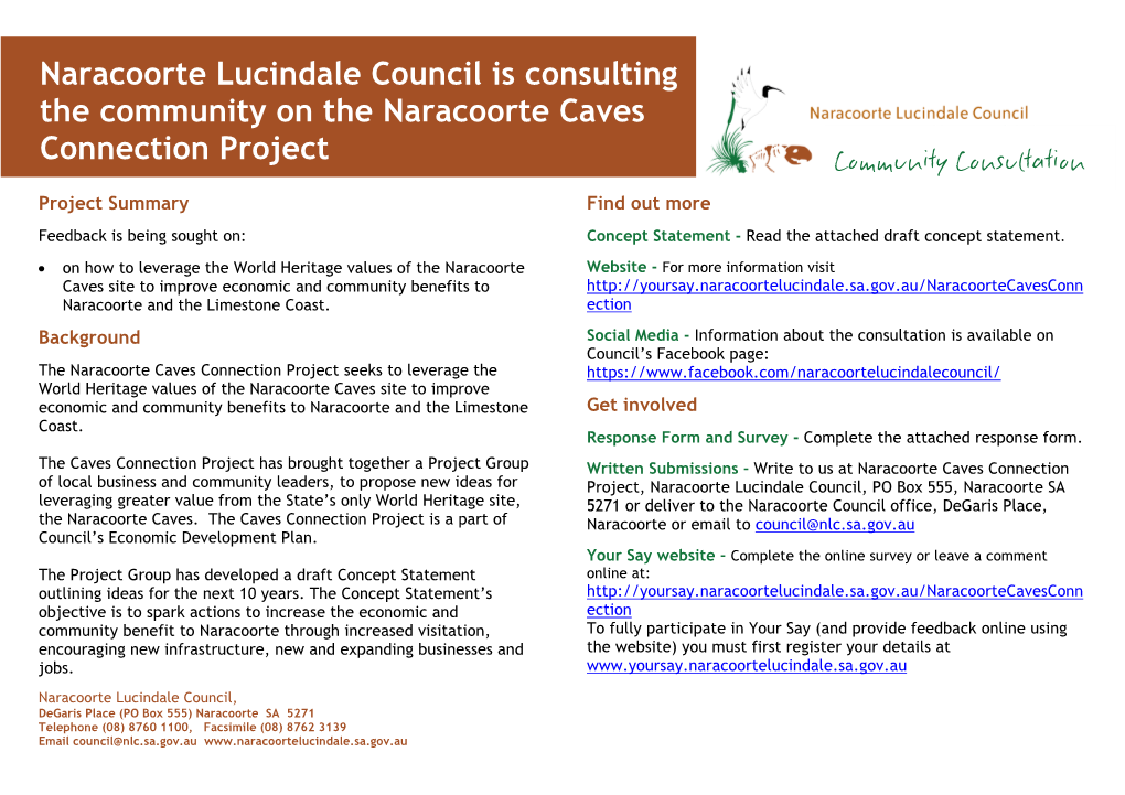 Naracoorte Lucindale Council Is Consulting the Community on the Naracoorte Caves Connection Project