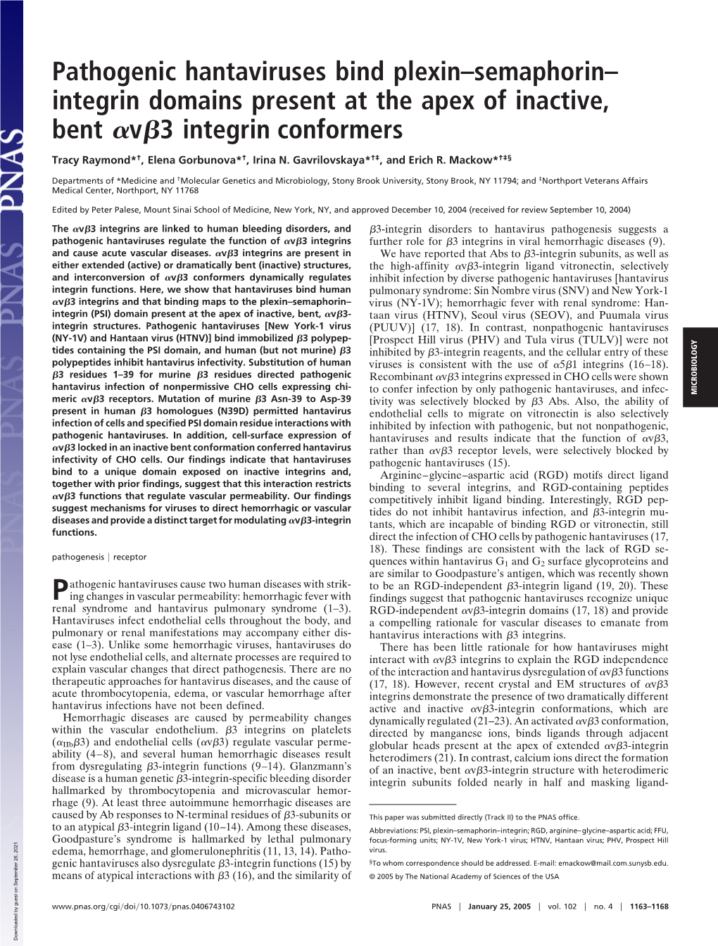 Pathogenic Hantaviruses Bind Plexin–Semaphorin– Integrin Domains Present at the Apex of Inactive, Bent ␣V␤3 Integrin Conformers