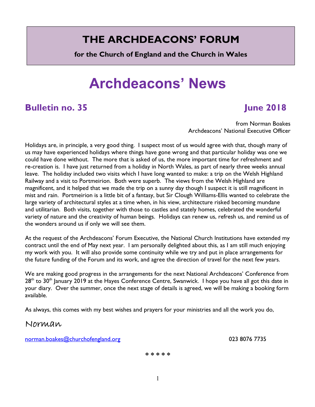 National Archdeacons' Forum Mailing