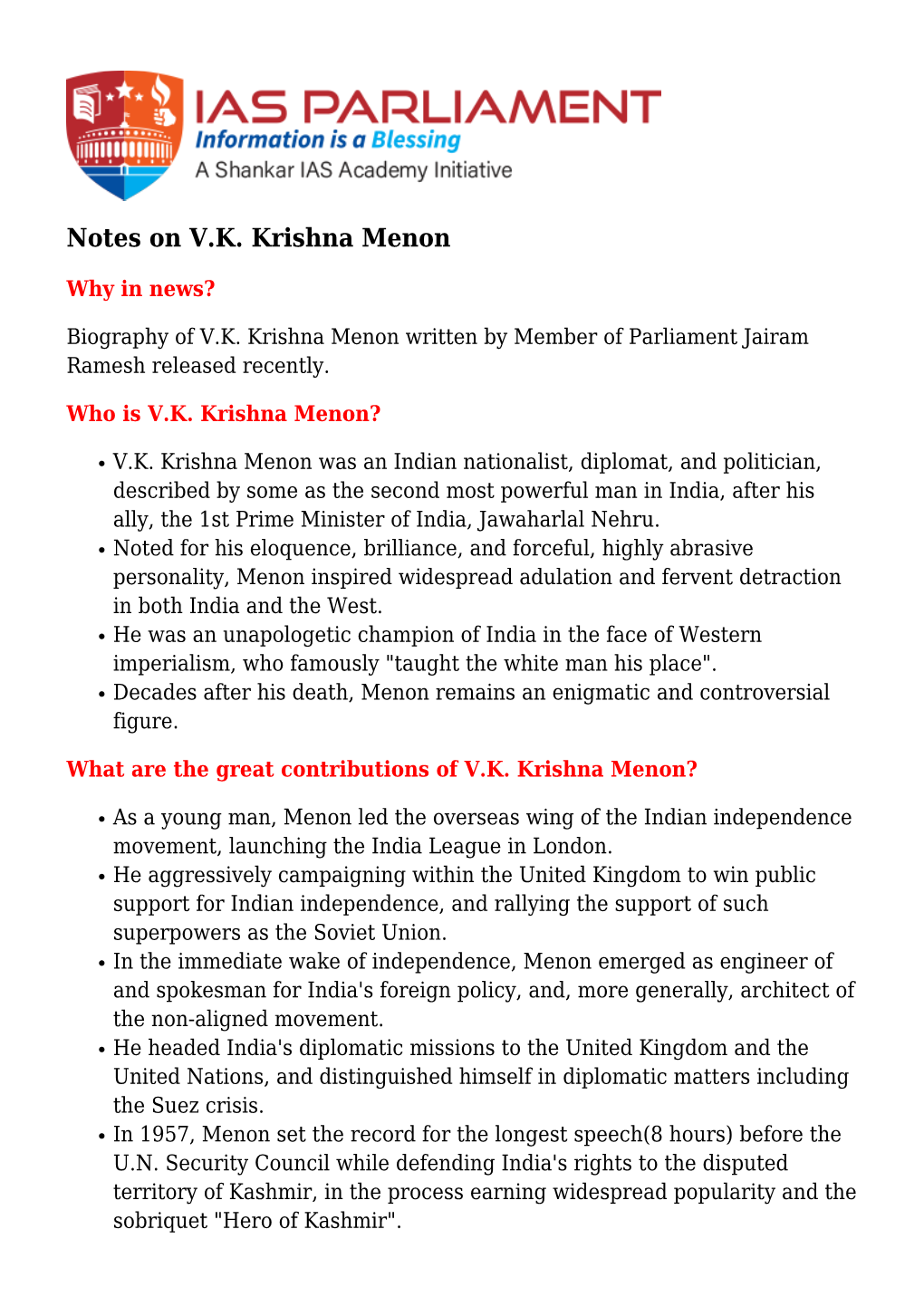 Notes on V.K. Krishna Menon