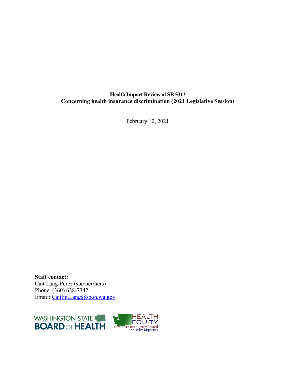 Health Impact Review of SB 5313 Concerning Health Insurance Discrimination (2021 Legislative Session)