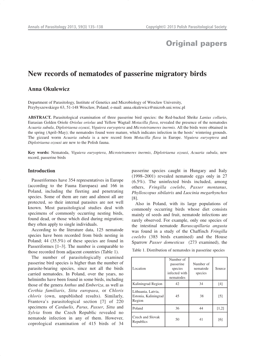 Original Papers New Records of Nematodes of Passerine Migratory Birds