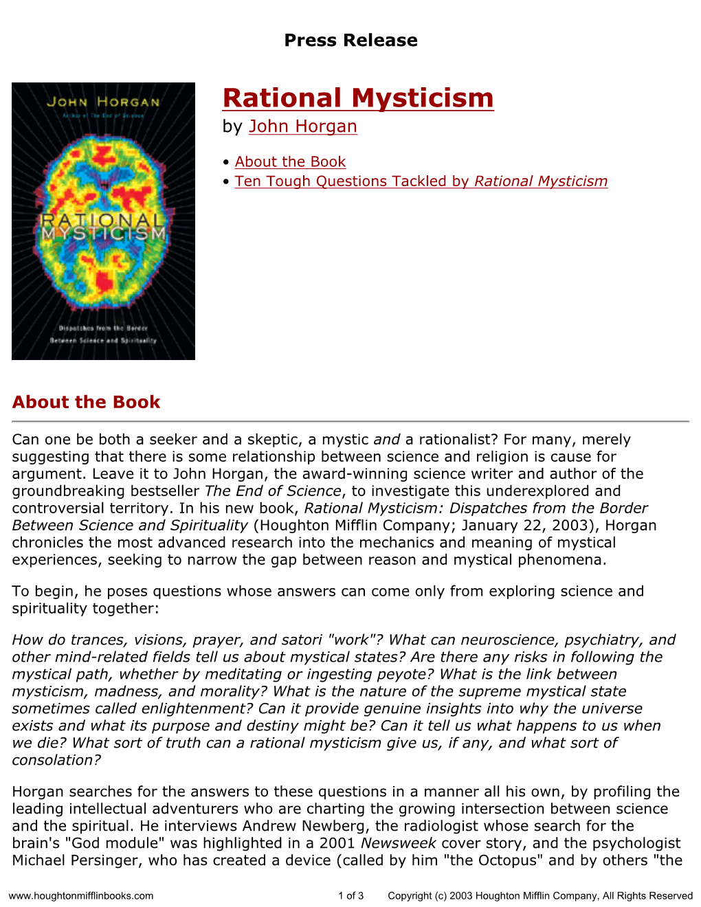 Press Release for Rational Mysticism Published by Houghton Mifflin