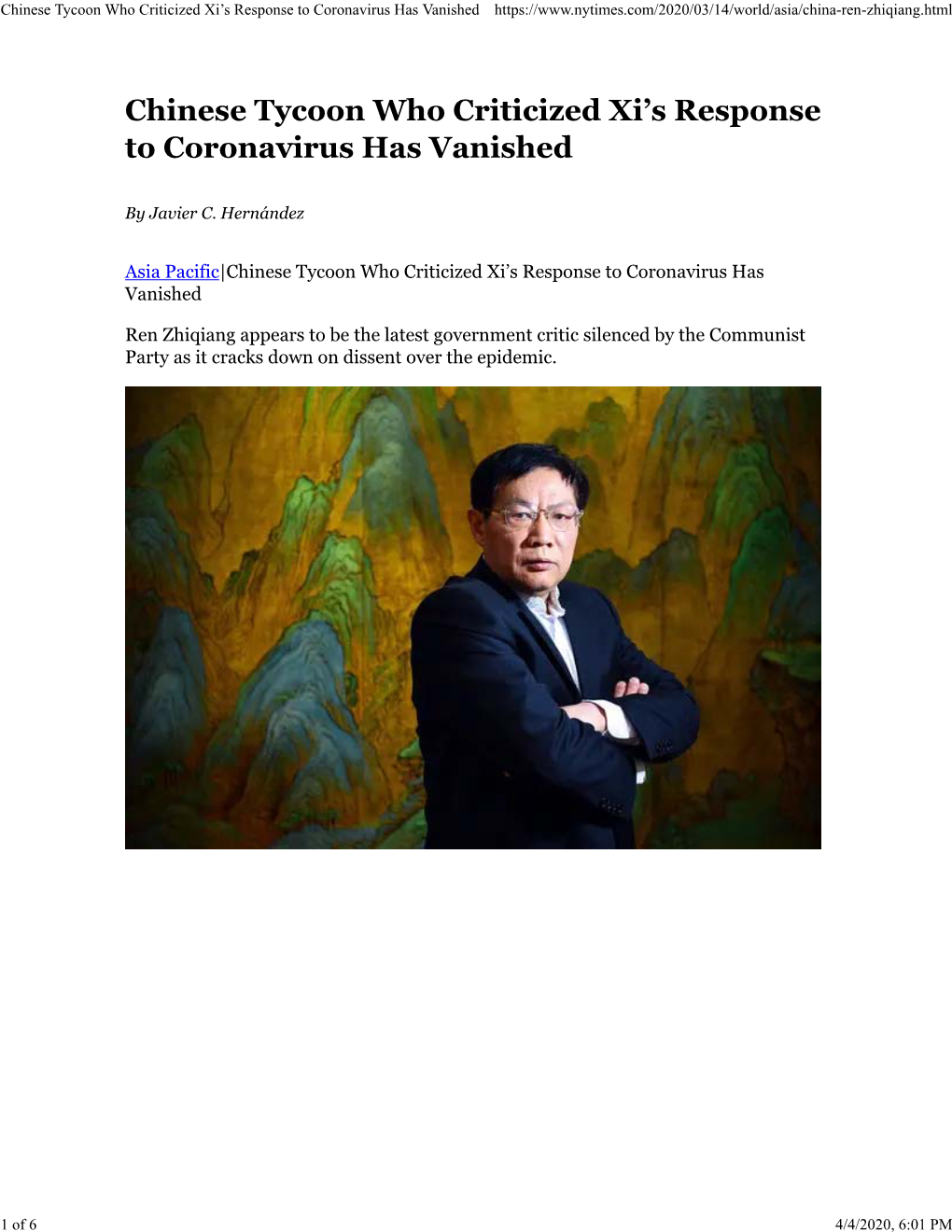 Chinese Tycoon Who Criticized Xi's Response to Coronavirus Has