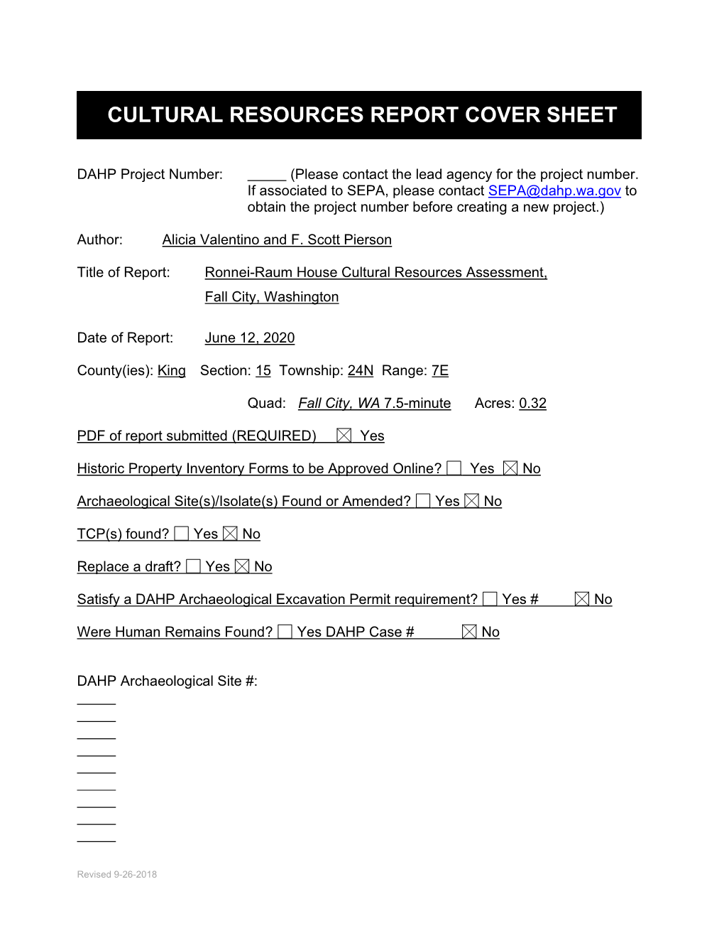 Cultural Resources Report Cover Sheet