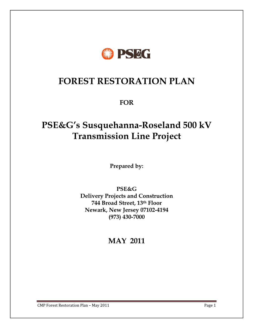 FOREST RESTORATION PLAN PSE&G's Susquehanna-Roseland 500 Kv Transmission Line Project
