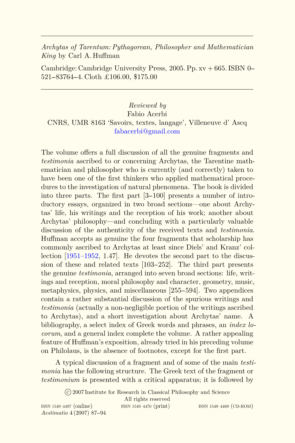 Archytas of Tarentum: Pythagorean, Philosopher and Mathematician King by Carl A