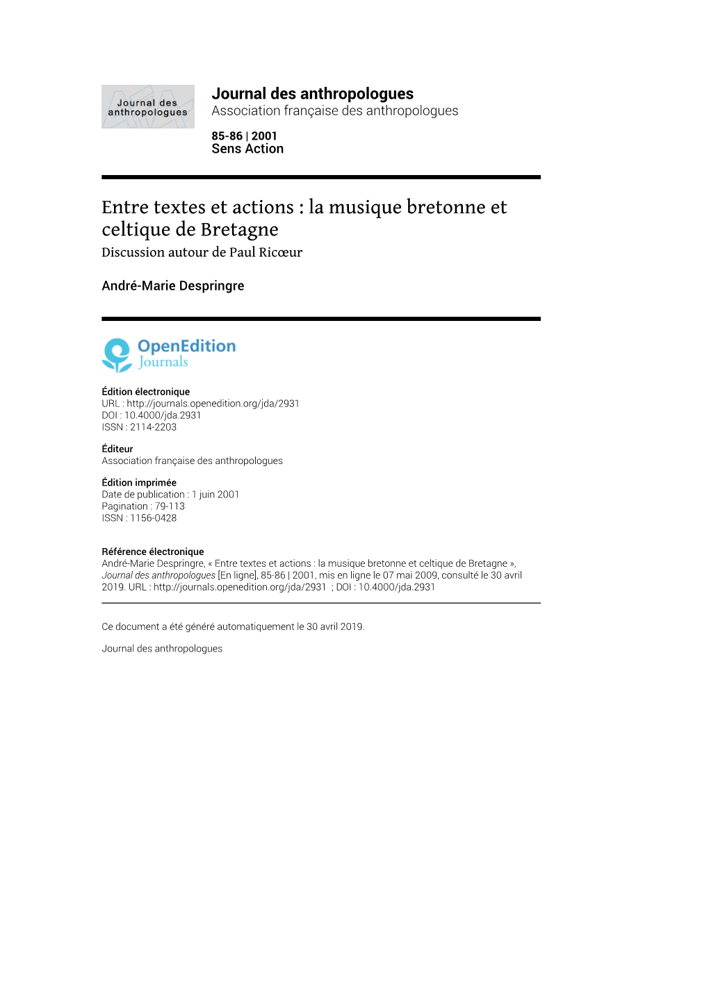 Journal Des Anthropologues, 85-86 | 2001 Entre Textes Et Actions : La Musique Bretonne Et Celtique De Bretagne 2