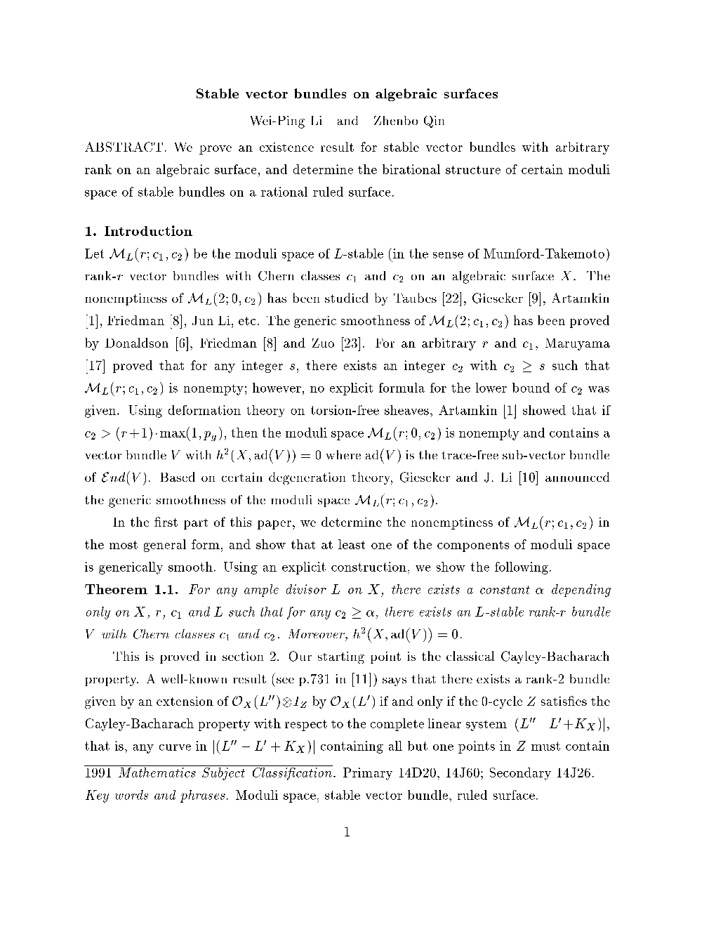 Stable Vector Bundles on Algebraic Surfaces 1. Introduction