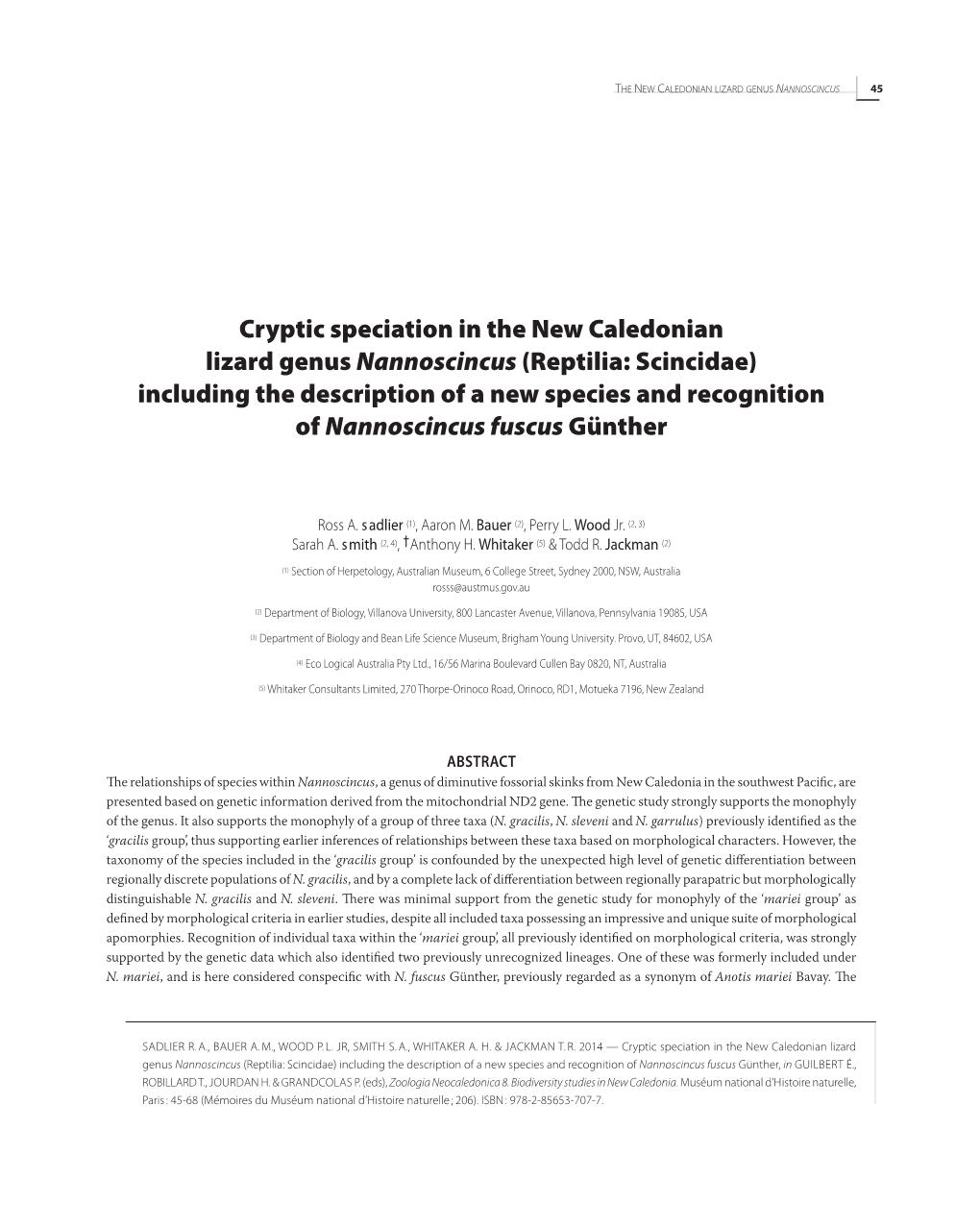 Cryptic Speciation in the New Caledonian Lizard