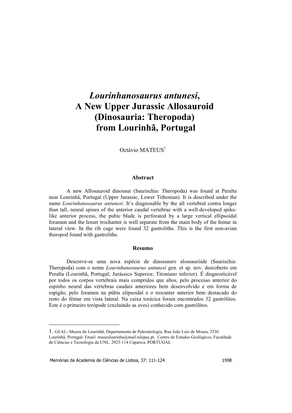 Lourinhanosaurus Antunesi, a New Upper Jurassic Allosauroid (Dinosauria: Theropoda) from Lourinhã, Portugal