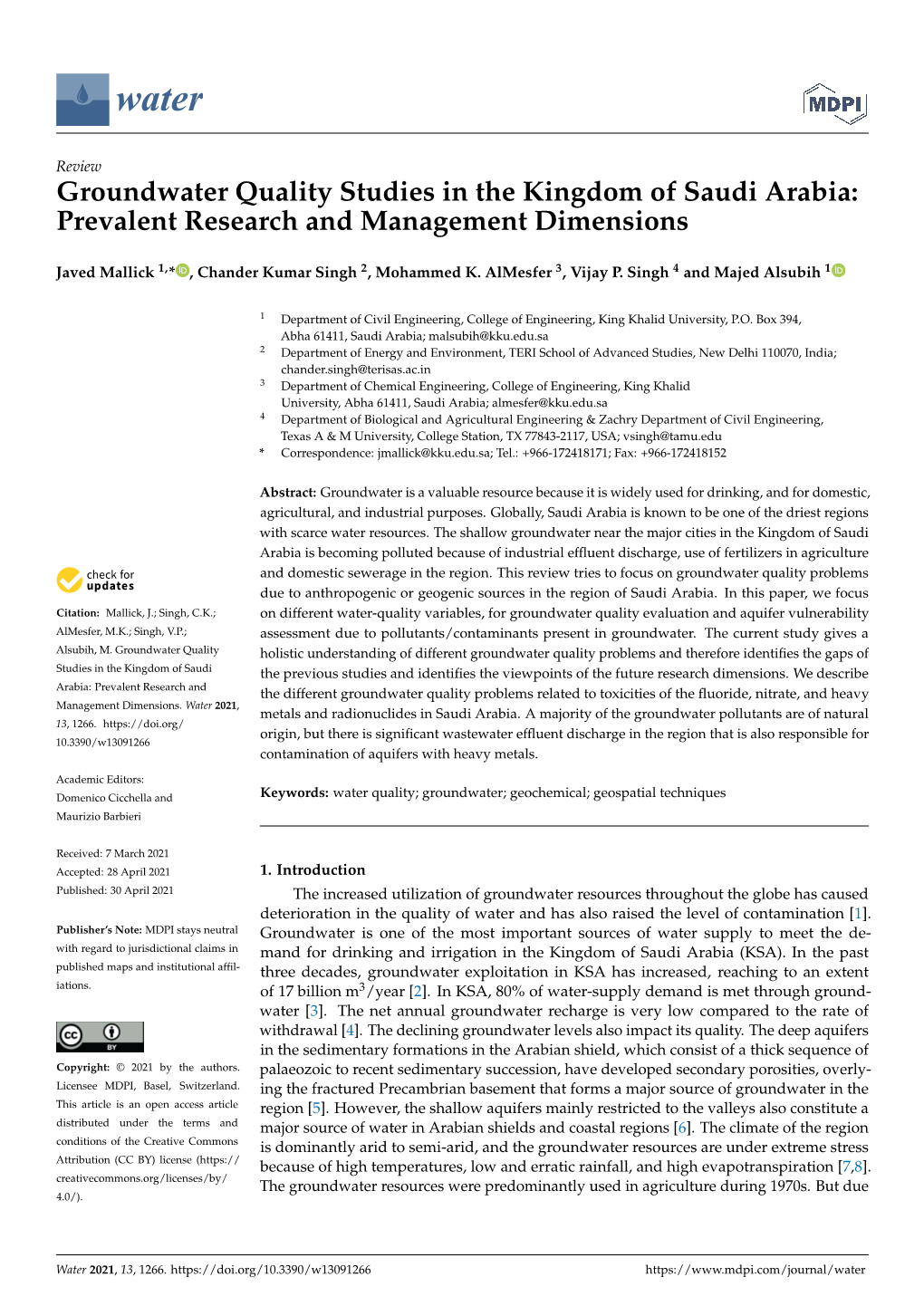 Groundwater Quality Studies in the Kingdom of Saudi Arabia: Prevalent Research and Management Dimensions