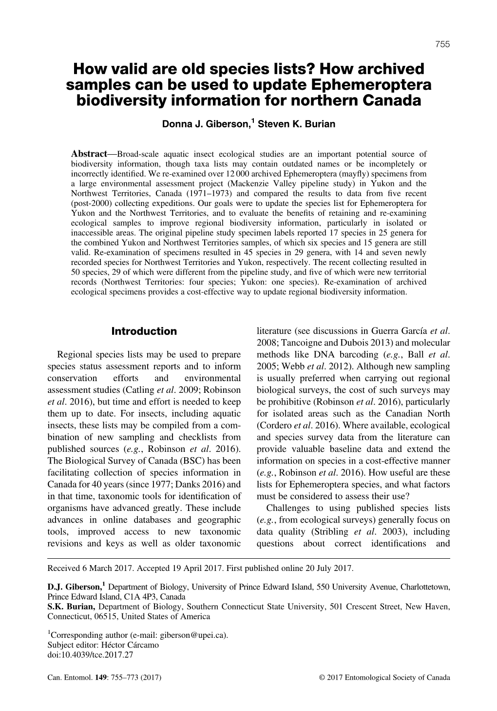 How Archived Samples Can Be Used to Update Ephemeroptera Biodiversity Information for Northern Canada Donna J