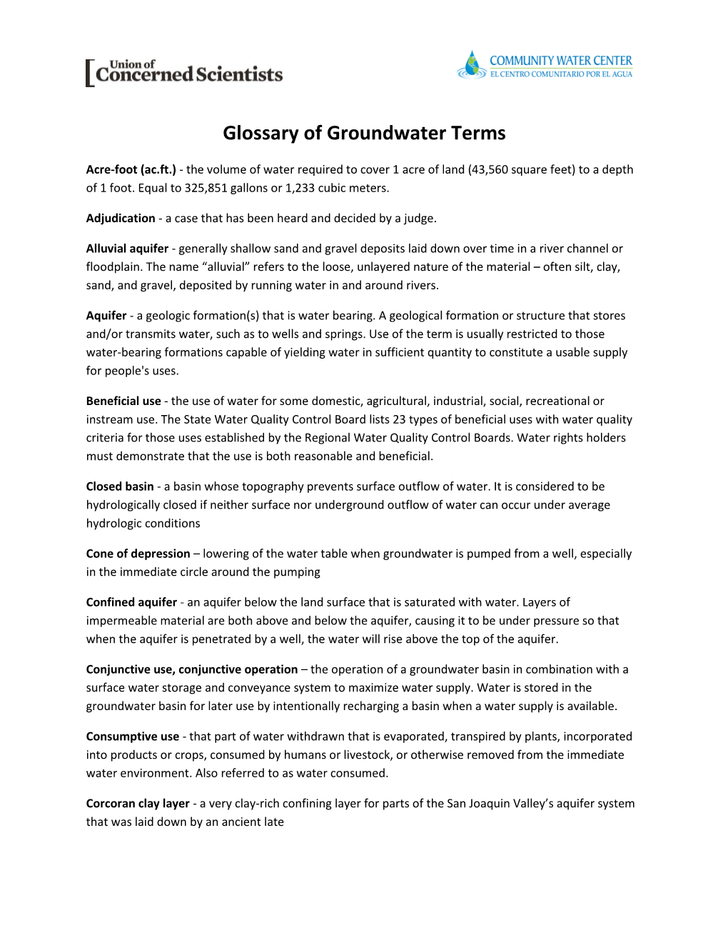 Glossary of Groundwater Terms