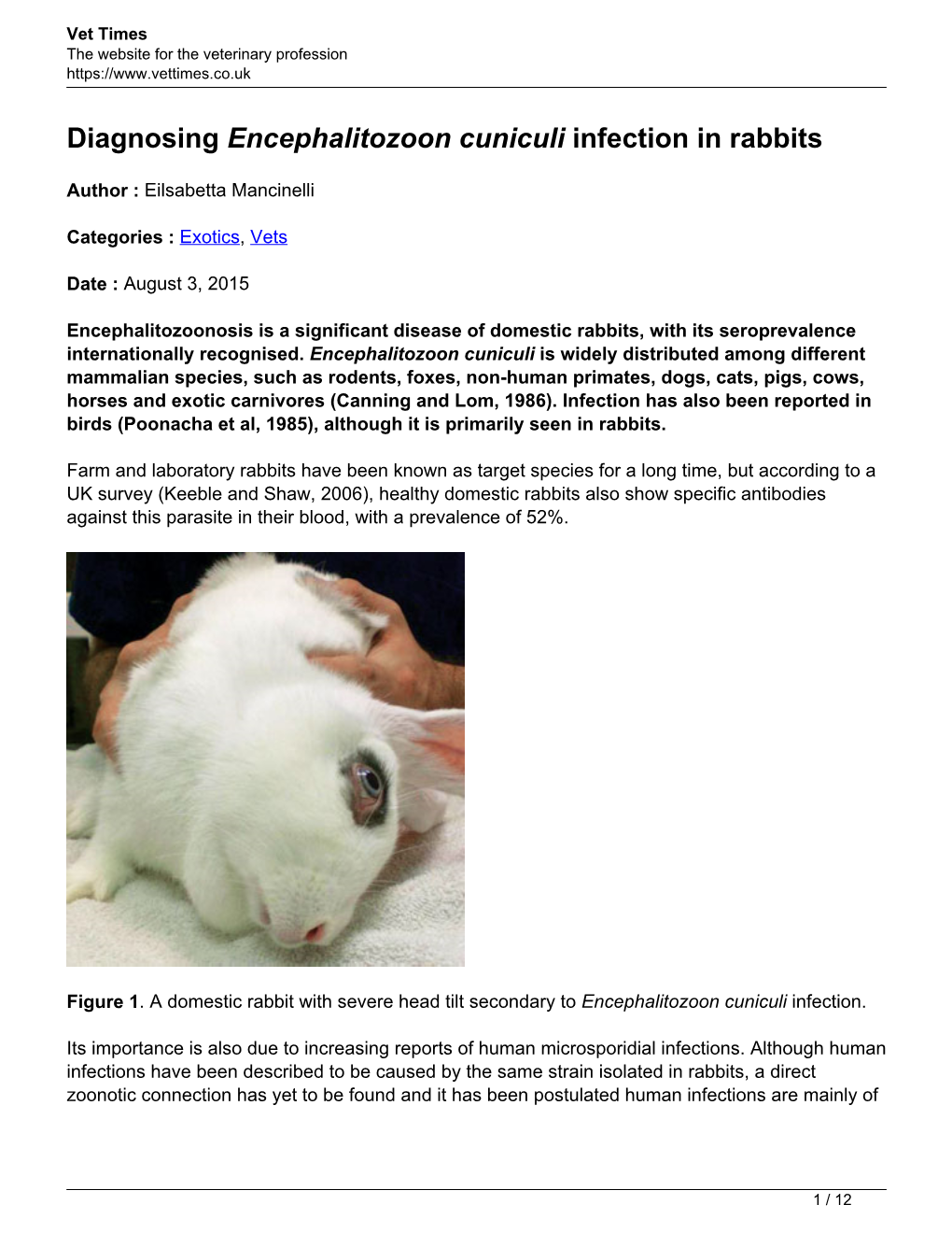 Encephalitozoon Cuniculi</Em> Infection in Rabbits