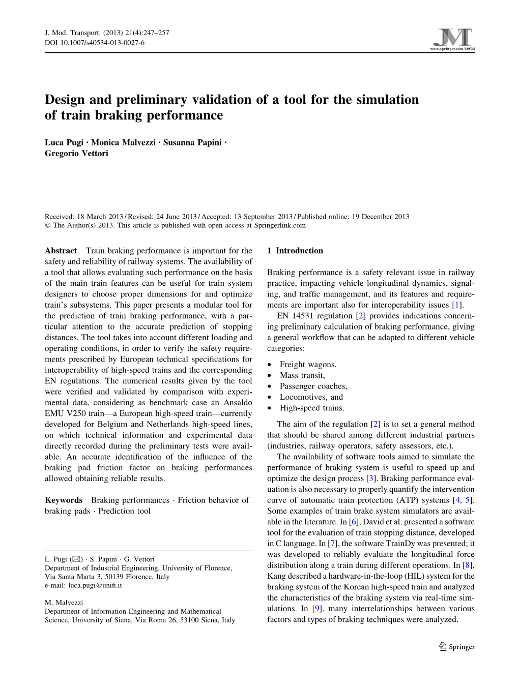 Design and Preliminary Validation of a Tool for the Simulation of Train Braking Performance