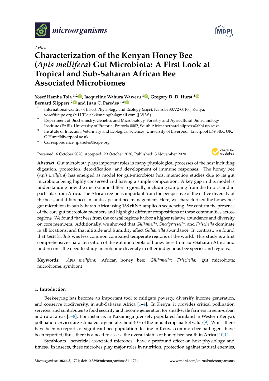 Apis Mellifera) Gut Microbiota: a First Look at Tropical and Sub-Saharan African Bee Associated Microbiomes