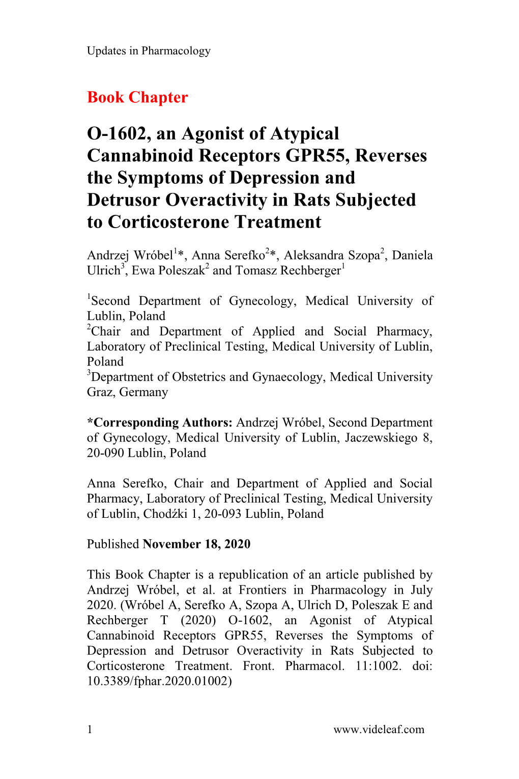 O-1602, an Agonist of Atypical Cannabinoid Receptors GPR55, Reverses the Symptoms of Depression and Detrusor Overactivity In