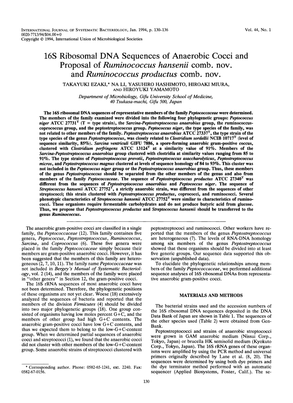 16S Ribosomal DNA Sequences of Anaerobic Cocci and Proposal of Ruminococcus Hansenii Comb. Nov. and Ruminococcus Productus Comb. Nov