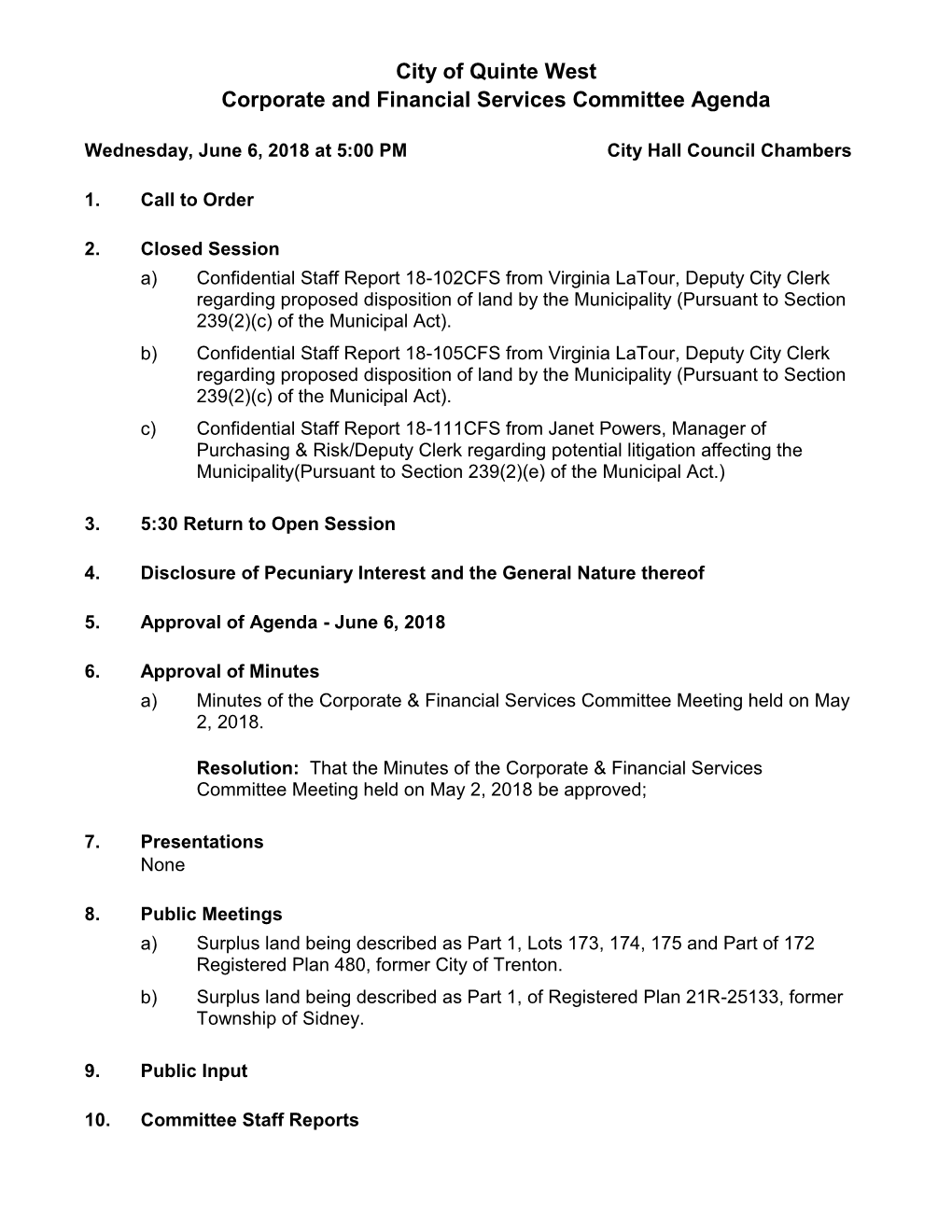 City of Quinte West Corporate and Financial Services Committee Agenda