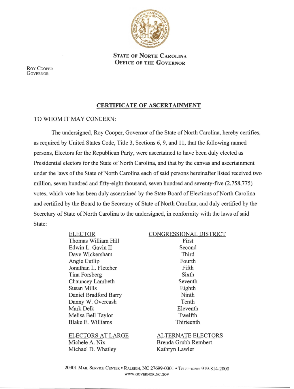 North Carolina Certificate of Ascertainment 2020