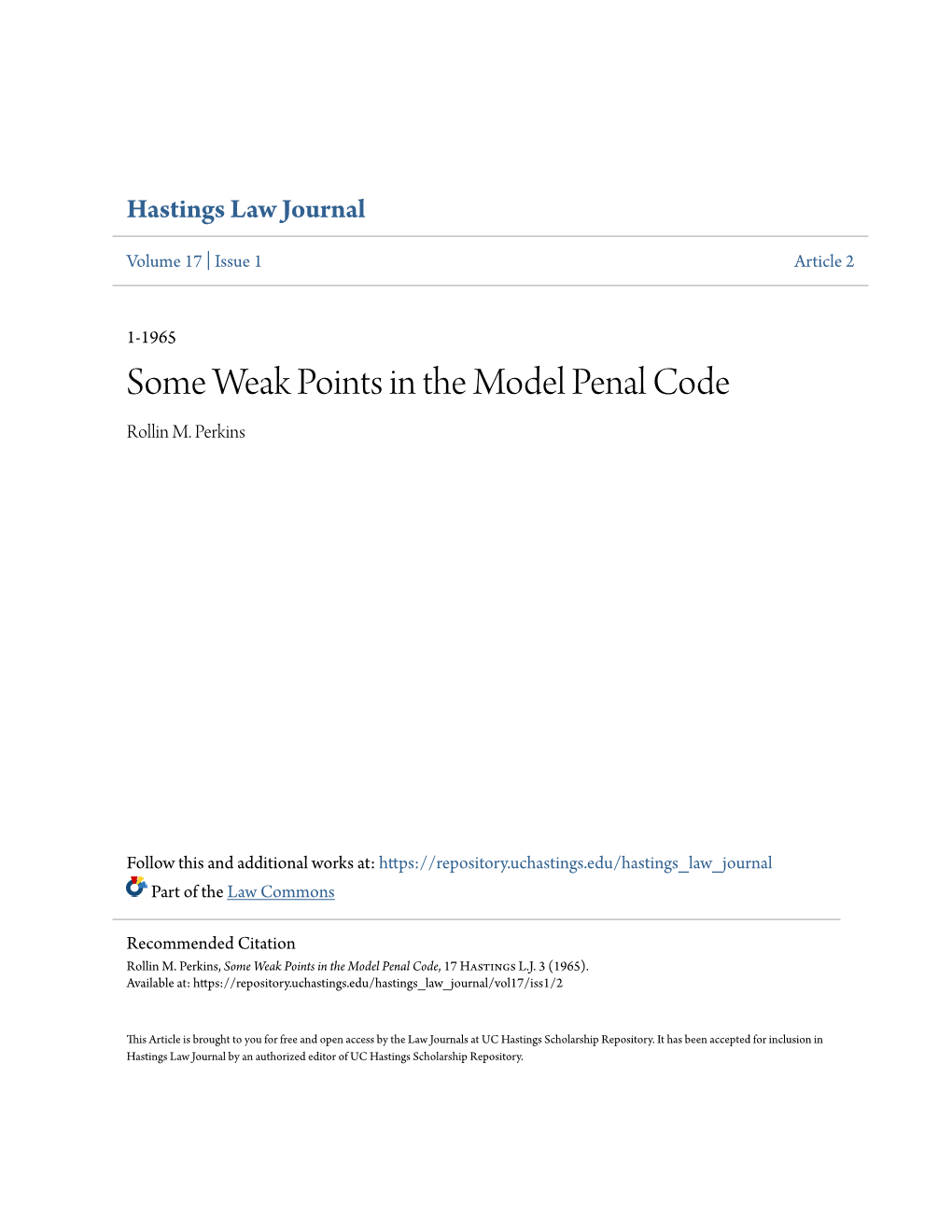 Some Weak Points in the Model Penal Code Rollin M