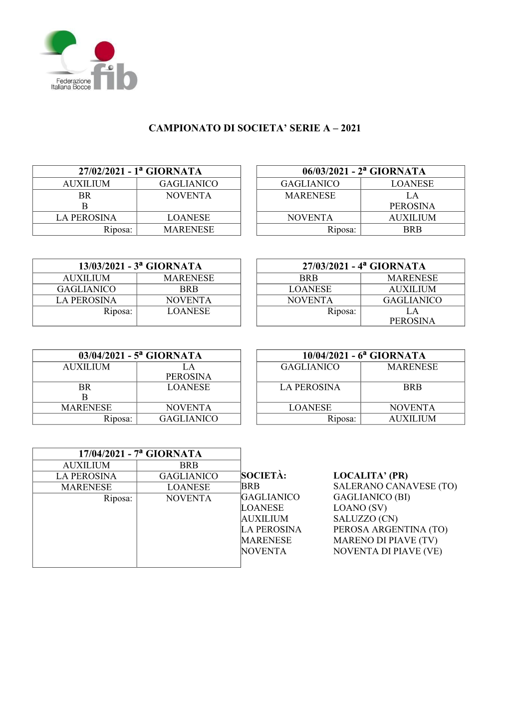 Campionato Di Societa' Serie a – 2021 27/02/2021