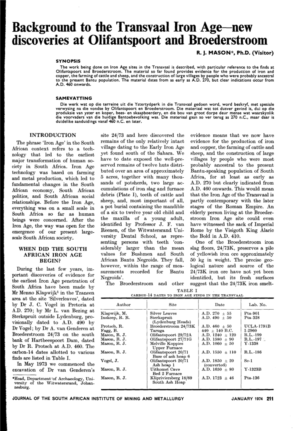 Background to the Transvaal Iron Age-New Discoveries at Olifantspoort and Broederstroom R