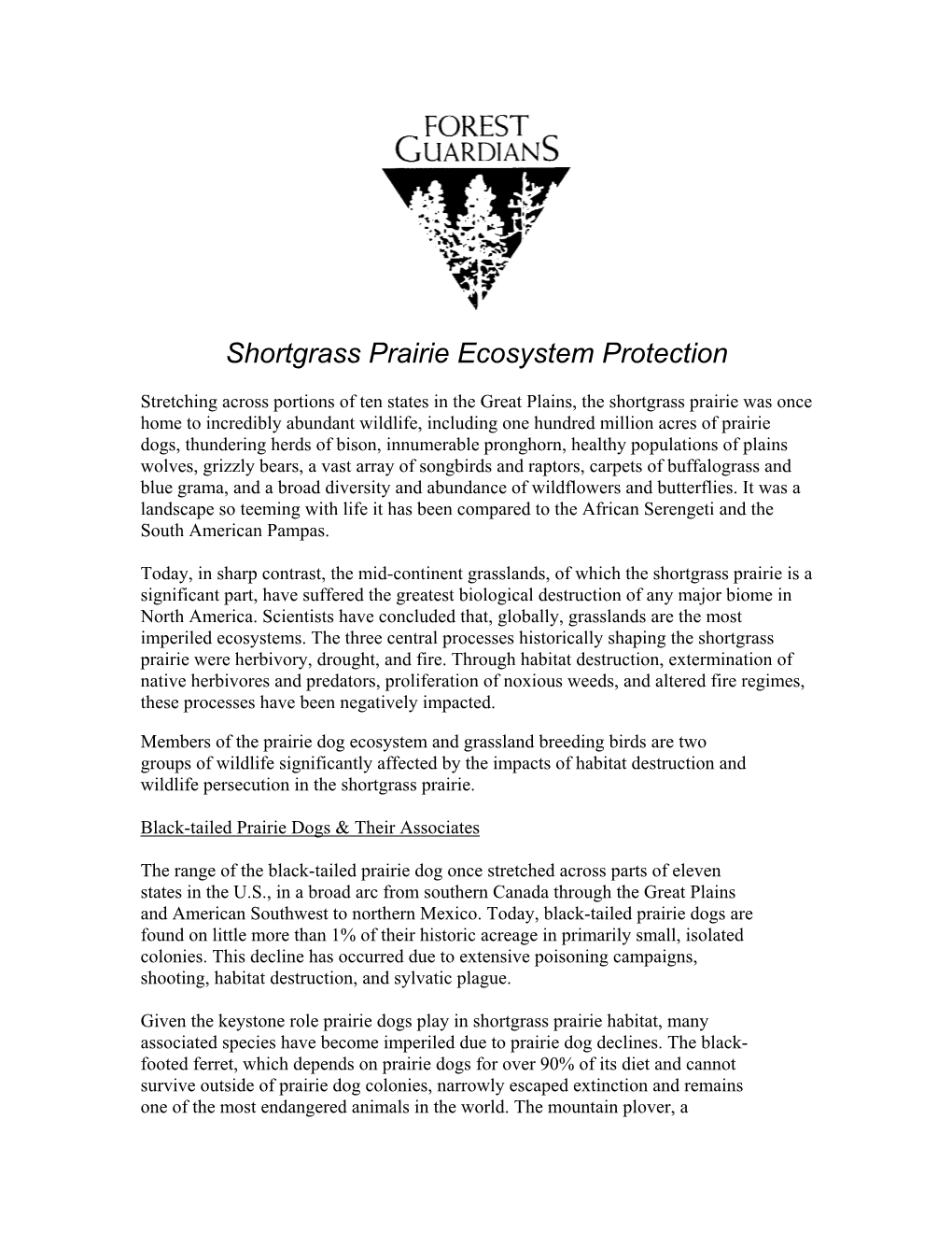 Shortgrass Prairie Ecosystem Protection