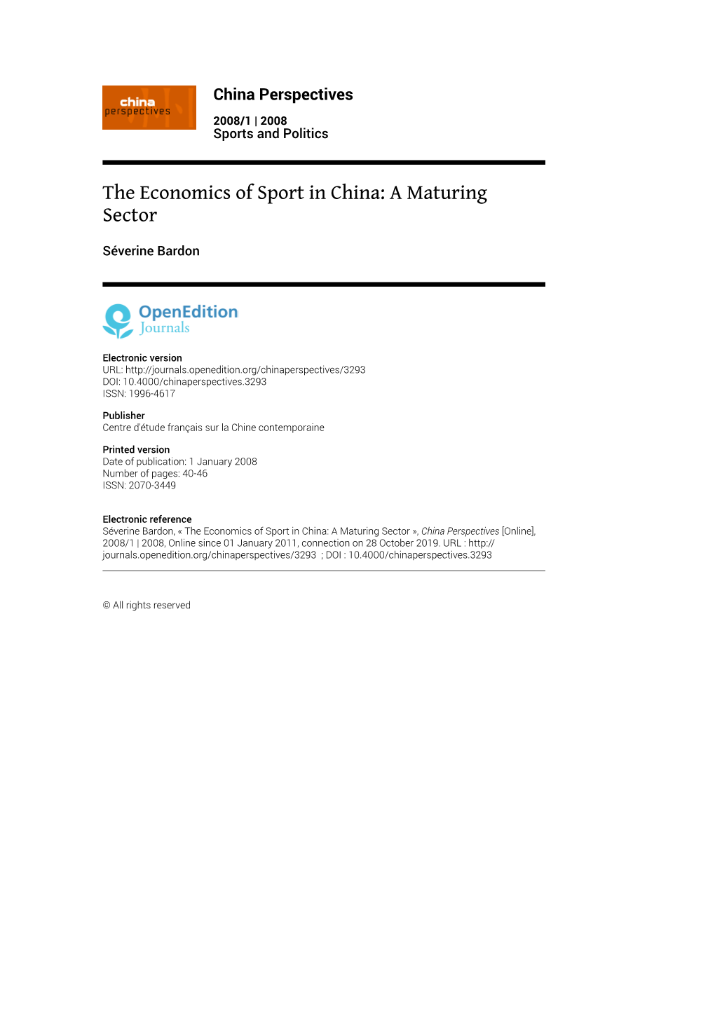 The Economics of Sport in China: a Maturing Sector