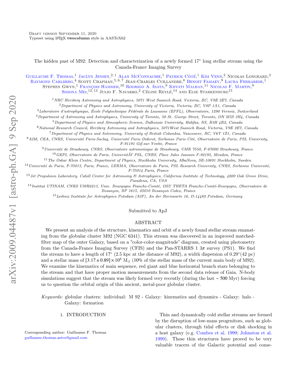 Arxiv:2009.04487V1 [Astro-Ph.GA] 9 Sep 2020 Us to Question the Orbital Origin of This Ancient, Metal-Poor Globular Cluster