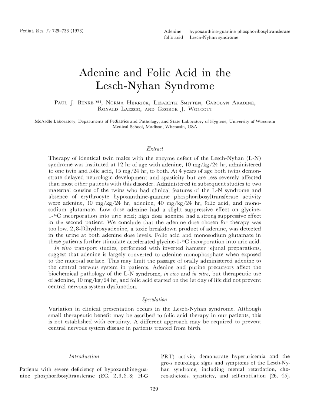 Adenine and Folic Acid in the Lesch-Nyhan Syndrome