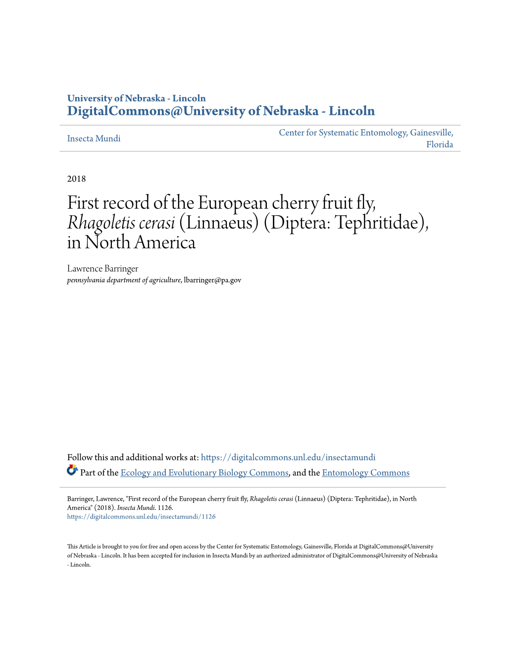 First Record of the European Cherry Fruit Fly, &lt;I&gt;Rhagoletis Cerasi&lt;/I